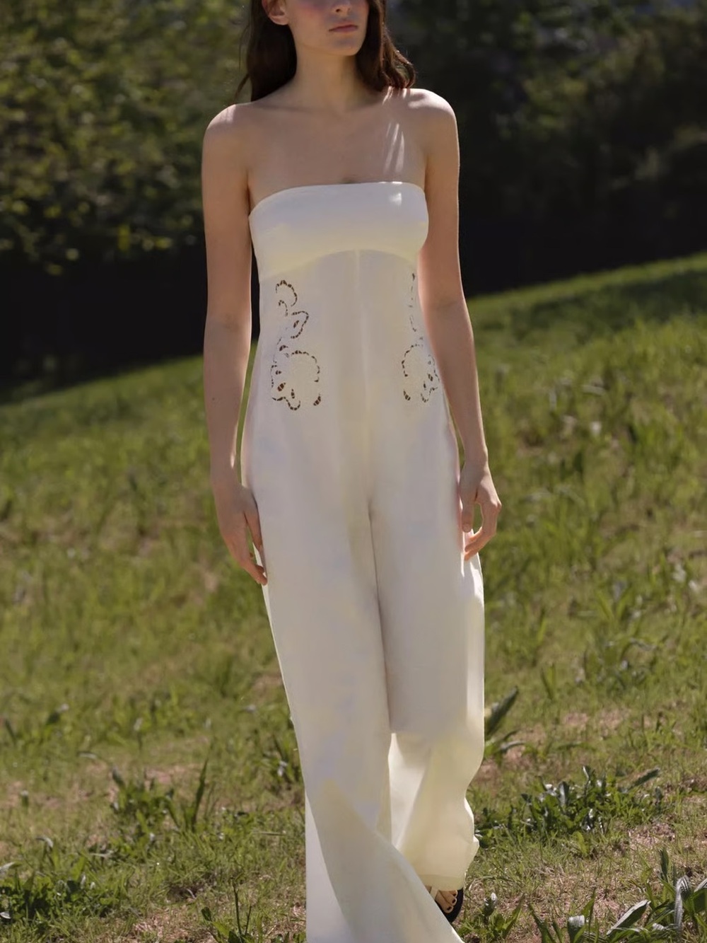 Zara Strapless Cream Wide-Leg Jumpsuit with Floral Cutouts